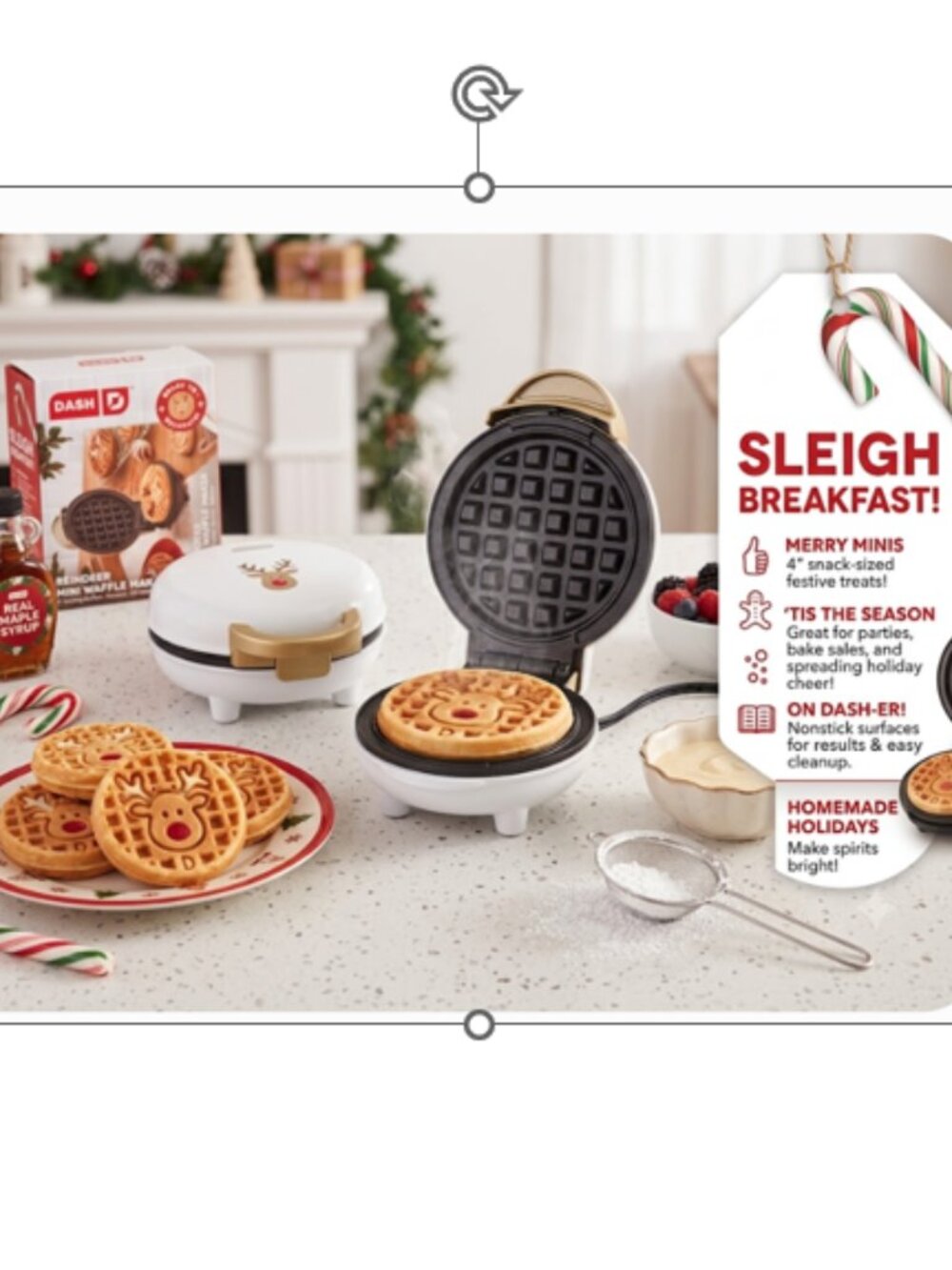 Dash Reindeer Mini Waffle Maker - Holiday Festive Individual Breakfast Iron NIB